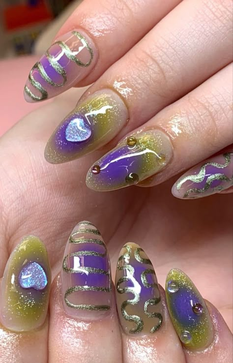 Purple Green Nail Art, Purple Green Gold Nails, Purple And Green Nail Art, Velma Redesign, Green And Purple Nails Ideas, Brown And Purple Nails, Y2k Purple Nails, Green And Purple Nail Designs, Purple And Green Nails Acrylic