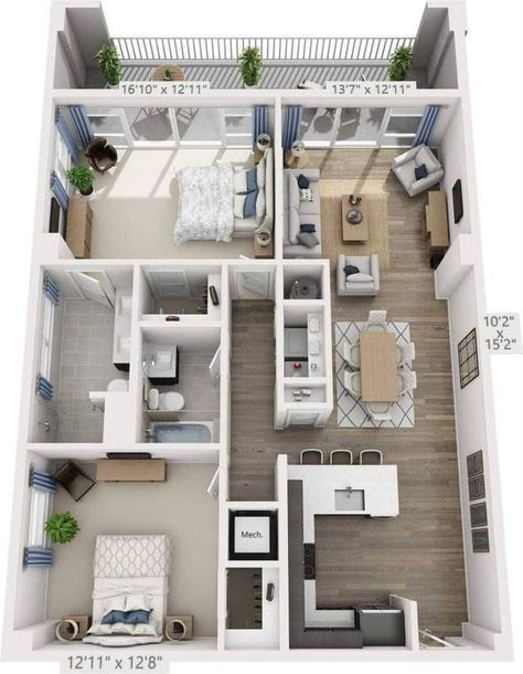 2 Bedroom 2 Bath Apartment, Apartment Layouts, 1 Bedroom Apartments, Apartment Floor, 2 Bedroom Apartments, Aesthetic Apartment, Apartment Floor Plan, House Floor Design, Apartment Floor Plans