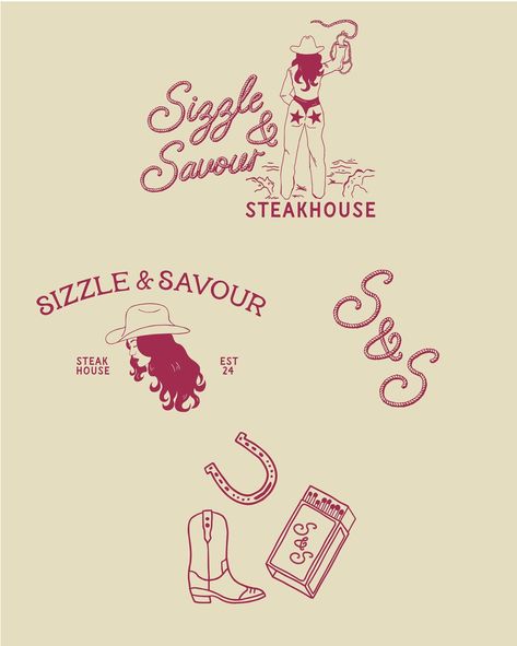 Sizzle & Savour Steakhouse 1/3 i LOVE this ! wanted to subvert expectations of what you would normally see for a steakhouse so I went with a maximalist/eccentric approach while still keeping the western style.(Mood-board on last slide)💖 Brief || @briefclub #graphicdesign#branding#branddesign#logodesign#playfuldesign#brandguildlines#brandidentity#logo#logodesignchallenge#designchallenge#cowboycarter#chappellroan#designbywomen Western Graphic Design Inspiration, Maximalist Eccentric, Steakhouse Logo, Western Graphic Design, Western Branding, Cow Logo, Brand Identity Package, Identity Package, Branding Inspo