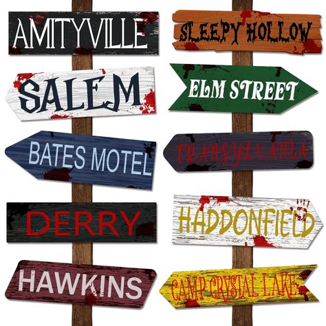 PRICES MAY VARY. Excellent Halloween Decorations Outdoor: You'll get 20 pieces of Halloween horror movie yard sign decorations in 10 styles, 2 of each pattern, enough for your Halloween decorations needs. The Halloween decorations outdoor are prominent enough to be seen by your guests at a glance and will serve as a great guide Durable Material: Our Halloween yard sign is made of high quality paper material, sturdy and durable, not easy to break, can be reused; single-sided printing, bright colo Halloween Street Signs, Halloween Photo Booth Props, Halloween Yard Signs, Halloween Photo Booth, Halloween Movie Night, Halloween Horror Movies, Halloween Party Supplies, Halloween Wall Art, Halloween Yard