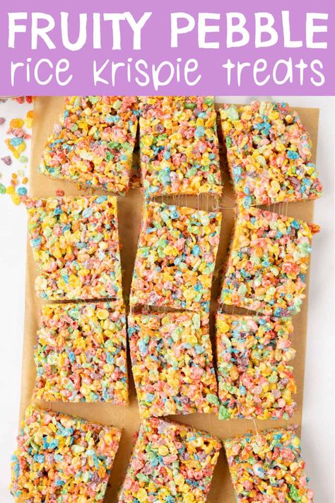 These Fruity Pebble Rice Crispy Treats are a delicious no bake dessert full of gooey marshmallows and fruity pebbles cereal. They are a fun twist on the classic recipe for rice krispie treats, and are an easy snack made with just four simple ingredients. Best Fruity Pebbles Rice Crispy Treats, Rice Krispie Treats Fruity Pebbles, Rice Crispy Treats Ideas, Fruity Pebbles Rice Crispy Treats, Fruity Pebbles Treats, Rice Krispies Recipe, Rice Krispie Bars, Chocolate Rice Krispie Treats, Fruity Pebble