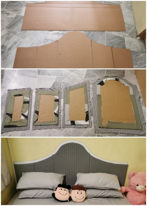 First headboard Diy Cardboard Headboard, Diy With Cardboard, Cardboard Headboard, Fence Headboard, Diy Headboard Ideas, Diy Furniture Upholstery, Headboard Diy, Cardboard Craft, Headboard Ideas