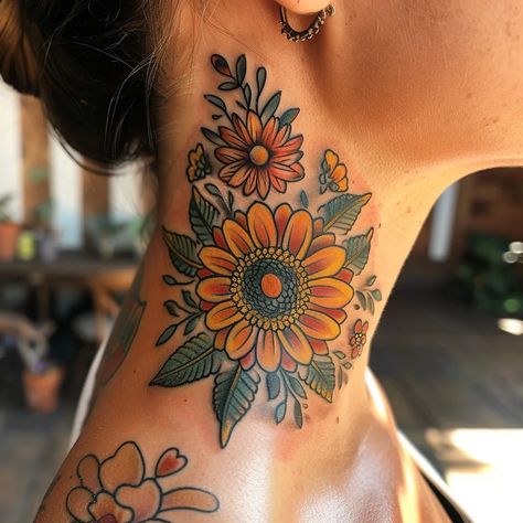 Sunflower Hand Tattoos For Women, Flower Arm Tattoos For Women Sleeve, Sunflower Ear Tattoo, Sunflower Chest Tattoo, Sunflower Tattoo Color, Traditional Sunflower Tattoo, Minimalist Sunflower Tattoo, Front Shoulder Tattoos For Women, Sunflower Sleeve Tattoo