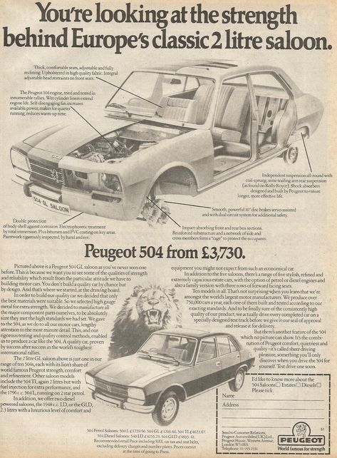 1978 PEUGEOT 504 ADVERT Peugeot France, Cars Poster, Peugeot 504, Citroen Ds, Car Posters, Car Ads, Dieselpunk, Peugeot, Car Model