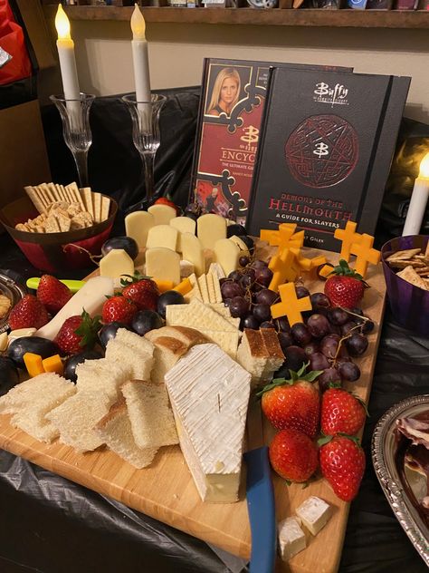 Buffy The Vampire Slayer Party Ideas, Buffy The Vampire Slayer Birthday Party, Twilight Charcuterie Board, Twilight Themed Dinner, Buffy Birthday Party, Vampire Charcuterie Board, Vampire Themed Snacks, Twilight Marathon Snacks, Twilight Themed Party Food