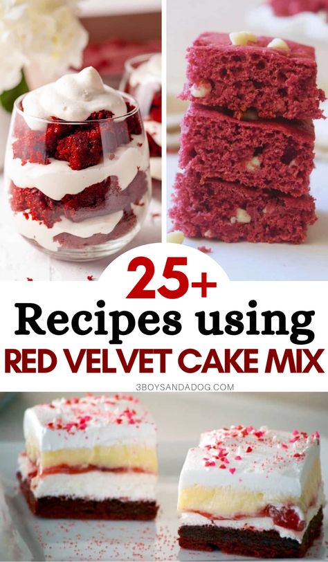 It's amazing what you can make from a cake mix! These Red Velvet Box Cake Mix Recipes are proof of that! This list is full of cake recipes and sweet treats! #redvelvet #cakemixrecipes #boxcakemixrecipes #3boysandadog Red Velvet Box Cake Recipe, Red Celvet Cake, Red Velvet Box Cake, Red Velvet Cake Mix Recipes, Valentines Red Velvet Cake, Box Cake Mix Recipes, Red Velvet Cake Mix Cookies, Best Red Velvet Cake, Red Velvet Desserts