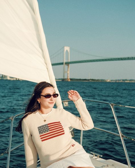 off duty jcrew models ⛵️ We had so much fun sailing with @mccurdysailing in Newport! We had a beautiful sunset, calm waters, and a great captain! . . . #newportri #eastcoastsummer #newenglandsummer #sailing #sailinglife #oldmoney #oldmoneyaesthetic #ralphlauren #ralphlaurenstyle #coastalgranddaughter #oldmoneystyle #jcrew #jcrewstyle #americanflagsweater #flagsweater #coastalgrandmother #narragansettbay #sailboats Sailboat Outfit, Calm Waters, American Flag Sweater, J Crew Style, Ralph Lauren Style, Newport Ri, Old Money Style, Photo Outfit, Calm Water