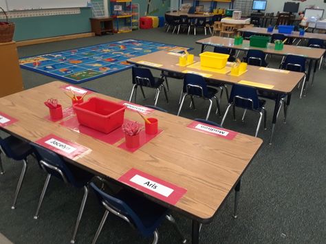 Color tables set up and ready for the First day of School. Classroom Set Up With Tables, 3rd Grade Classroom Setup With Tables, Kindergarten Classroom Table Storage, Classroom With Tables Instead Of Desks, Classroom Table Setup, Classroom Layout With Tables, Table Classroom Set Up, Preschool Table Set Up, Classroom With Tables