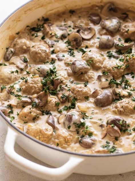 Easy Meatball Stroganoff | Girl Gone Gourmet Meatball Stroganoff Recipe, Beef Stroganoff Meatballs, Meatball Stroganoff, Ground Beef Meatballs, Meatball Dinner, Resep Pasta, Meatballs Easy, Stroganoff Recipe, Beef Meatballs