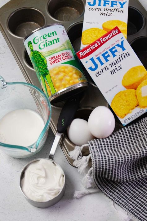 Ingredients for creamed corn cornbread muffins made with Jiffy corn mix. Casserole For Thanksgiving, Corn Cornbread, Creamed Corn Cornbread, Jiffy Recipes, Sweet Corn Casserole, Jiffy Cornbread Recipes, Easy Corn Casserole, Jiffy Corn Muffins, Cornbread With Corn