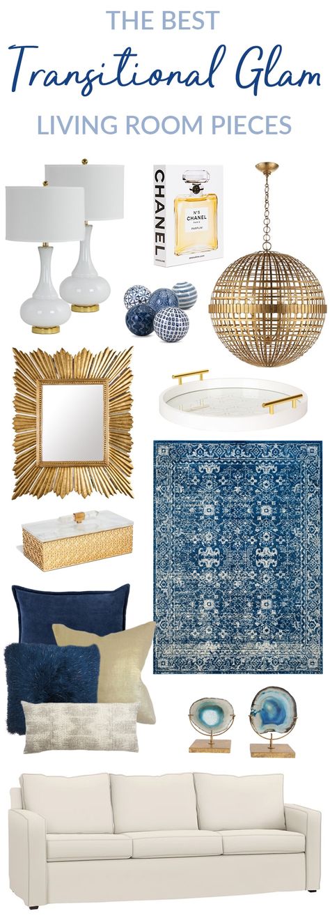 See the BEST Transitional Glam Living Room Pieces! These furniture, lighting, rug and wall accent pieces will update your decor instantly. If you love traditional meets contemporary style, metallics, gold, white and blue then these decor ideas are for you! #transitional #decor #decorideas #livingroom #glam Transitional Glam Living Room, Transitional Glam, Room Pieces, Gold Living Room Decor, Living Room Pieces, Gold Living, Glam Living, Transitional Furniture, Gold Living Room