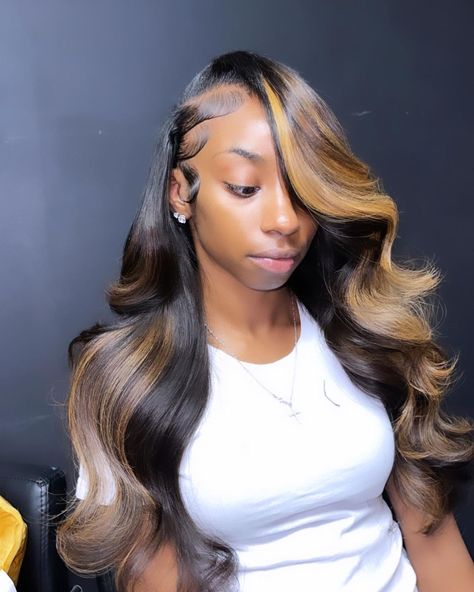 Sew In Weave With Closure Color Highlights, Glue Ins Hairstyles, Side Part Sew In With Leave Out Highlights, Ombre Leave Out Sew In, Sew In With Brown Highlights, Traditional Sew In With Highlights, Sewin Styles, Black With Brown Highlights, Sew In Weave With Closure