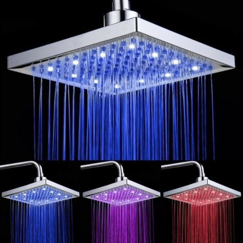 8 Inch Chromed Brass Square LED Rain Shower Head Ceiling Shower Head, Led Faucet, Led Shower Head, Kitchen Fixture, Bathroom Shower Heads, Waterfall Shower, Bathroom Stuff, Rainfall Shower Head, Luminous Colours