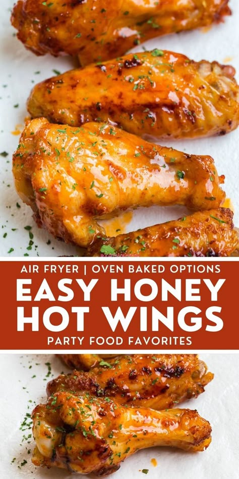 Honey Hot Wings are a crispy, crunchy snack for a crowd. Learn how to make them in the oven and your air fryer! Hot Wings Recipe Air Fryer, Oven Hot Wings, Wings Recipe Air Fryer, Snack For A Crowd, Honey Hot Wings, Honey Wings Recipe, Wings Recipe Oven, Chicken Wings Recipe Oven, Hot Wings Recipe