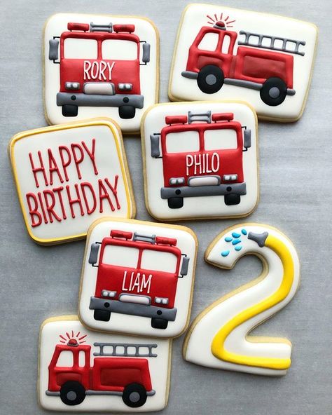 Fire Truck Birthday Cookies, Fire Truck Cupcakes, Firefighter Cookie, Fireman Cake, Firetruck Cake, Firetruck Birthday Party, Fireman Birthday, Fire Truck Party, Firefighter Birthday