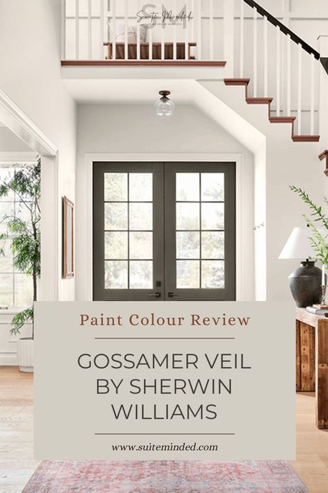 Gossamer Veil SW 9165 is a beautiful versatile warm grey known for its soft elegance and ability to transform spaces. It is sometimes considered a light greige, although its strong grey base keeps it with the grey hues. Gossamer Veil is a great colour to consider to create a serene living room, a cosy bedroom, or a welcoming entryway.

Today, I tell you all about Gossamer Veil; its undertones, LRV, how it looks in different lighting exposures, white trim colours, and ideal coordinating colours. Gossamer Veil, Serene Living Room, Welcoming Entryway, Hillside House, Cosy Bedroom, Paint Colour, Trim Color, Warm Grey, Coordinating Colors