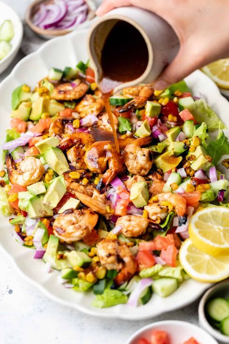 Enjoy the perfect spring or summer salad with this Grilled BBQ Shrimp Salad recipe. Made with a homemade honey and BBQ sauce dressing, you can't go wrong! Grilled Shrimp Salad, Shrimp Salad Recipe, Shrimp Bbq Recipes, Bbq Salads, Shrimp Salad Recipes, Bbq Shrimp, Shrimp Salad, English Cucumber, Grilled Shrimp