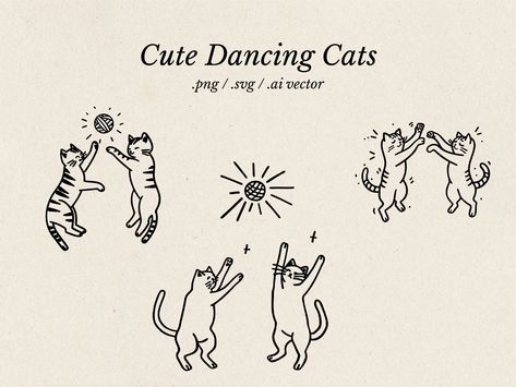 Dancing Cats Illustration, Animal Line Illustration, Cats Dancing Drawing, Snarky Welcome Signs, Us As Cats, Dancing Cat Tattoo, Two Cats Illustration, Dancing Cat Drawing, Three Cats Drawing