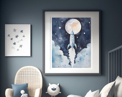 Rocket Ship and Moon Watercolor Painting High-resolution - Etsy Singapore Moon Watercolor Painting, Baby Room Paintings, Moon Watercolor, Space Watercolor, Space Themed Nursery, Kids Room Prints, Space Nursery, Baby Painting, Watercolor Paintings For Beginners