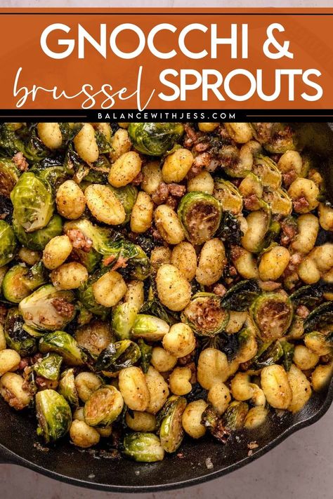 This gnocchi and brussel sprouts recipe is a quick and easy idea for lunch or dinner! Learn how to roast the best sheet pan gnocchi and brussel sprouts in the oven. Then combine with your diced pancetta, season with balsamic vinegar and parmesan cheese, and enjoy. Find this gnocchi and brussel sprouts recipe and more healthy dinner ideas on the blog. Roasted Gnocchi And Brussel Sprouts, Brussels Sprouts Gnocchi, Pizza With Brussel Sprouts, Brussel Sprouts And Gnocchi, Gnocchi And Brussel Sprouts Recipes, Brussel Sprout Gnocchi, Oven Roasted Gnocchi Recipes, Crisp Gnocchi With Brussel Sprouts, Brussel Sprout Dinner Recipes