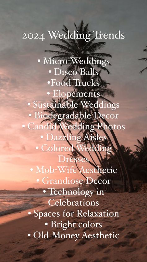 What is trending this 2024 wedding season? We are wedding experts that have hosted over $1,000 destination weddings, and the 2024 wedding trends are some of our favorites we've ever scene.  Learn more about the 2024 trends in our blog, linked to this pin! January Beach Wedding, Destination Wedding Mood Board, 2024 Wedding Makeup Trends, 2024 Wedding, 2024 Indian Wedding Trends, Bride 2024 Trends Indian, Wedding Infographic, Destination Wedding Inspiration, Wedding Prices