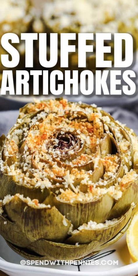 Stuffed artichokes are perfect for when it's time to serve something completely different! Tasty, tender artichokes can't be beat, whether dipped in melted butter or eaten as is! #spendwithpennies #stuffedartichokes #recipe #sidedish #appetizer #heart #best #garlic #easy #healthy Artichoke Heart Recipes, 2024 Meals, Stuffed Artichokes, Baked Artichoke, Onion Ring, Artichoke Recipes, Rock Hunting, Cheesy Bread, Diet Ideas