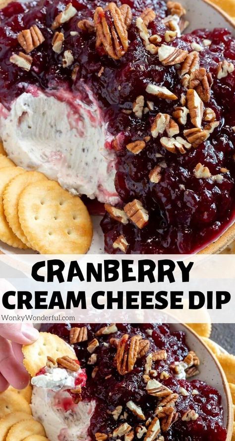 Cranberry Cream Cheese Dip is a super quick and easy holiday appetizer recipe. Just four ingredients make this festive dip that's perfect for Christmas, New Year or Thanksgiving. #holidayrecipes #cranberrydip #cranberrycreamcheesedip #diprecipes #thanksgivingrecipes #christmasrecipes Pecan Dip Cream Cheese, Cranberry Cream Cheese Dip, Cranberry Dip, Cream Cheese Recipes Dip, Ms Recipes, Cream Cheese Dip, Holiday Appetizers Recipes, Cranberry Cream Cheese, Cranberry Cheese