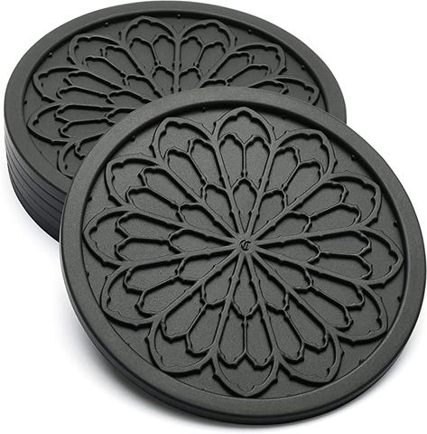 Amazon.com: Silicone Coasters for Drinks - 6 Pack 4" Drink Coasters for Aesthetic Room Decor - Goth Accessories for Kitchen Gadgets by COASTERFIELD (Gray) : Home & Kitchen Killstar Home Decor, Gothic Plates, Goth Coffee Bar, Gothic Rose Window, Gothic Room Decor, Goth Kitchen, Gothic Kitchen, Window Pattern, Gothic Room