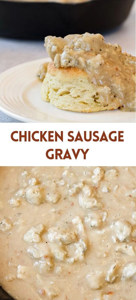 There is nothing better than a delicious savory breakfast of homemade chicken sausage gravy served over hot, flaky buttermilk biscuits. Perfectly seasoned ground chicken is combined with a homemade gravy that is full of flavor, creamy, and irresistible! Serve with fluffy scrambled eggs and homemade biscuits for the ultimate southern breakfast! Ground Chicken Gravy, Chicken Biscuits And Gravy, Chicken Sausage Gravy, Chicken Gravy And Biscuits, Homemade Chicken Sausage, Chicken Gravy From Broth, Southern Sausage Gravy, Flaky Buttermilk Biscuits, Midwest Kitchen