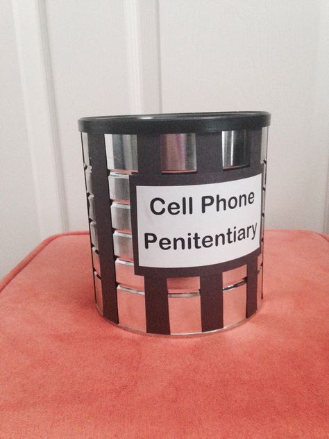 Cell phone jail to hold phones until the end of class! A little glue, black strips of paper, a sign, and a coffee can make a temporary home for cellular distractions! Cell Phone Jail, Phone Jail, Girl Bible Study, Jail Cell, Work Fun, Youth Room, First Year Teachers, Teaching Language Arts, Phone Ideas