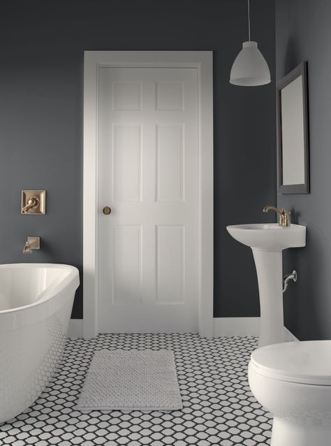 Bathrooms With Dark Walls, Bathroom Paint Colors With Black Vanity, Bathroom Paint Colors With Grey Tile, Paint Color For Small Bathroom No Window, Grey Paint Colors For Bathroom, Black And White Bathroom Paint Ideas, Grey Bathroom Paint Colors, Bathroom Wall Colors With White Cabinets, Paint For Black And White Bathroom