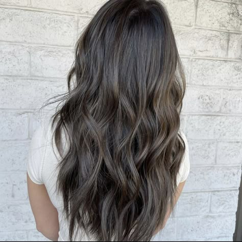 Icy Dark Brown Hair, Dark Brown Ashy Hair, Ashy Dark Brown Hair, Ashy Dark Brown Hair Balayage, Dark Ashy Brown Hair, Dark Brown Hair With Ashy Highlights, Smokey Ash Brown Balayage Dark, Ashy Babylights On Dark Hair, Hair Styles Black Hair