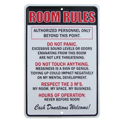 Treasure Gurus Room Rules Hours of Operation Metal Sign Funny Kids Bedroom Man Cave Decor & Reviews | Wayfair Break Room Decor, Signs Of Genius, Room Rules, Funny Bedroom, Bedroom Man Cave, Man Cave Wall Decor, Happy Birthday Signs, Man Cave Wall, Bedroom Signs