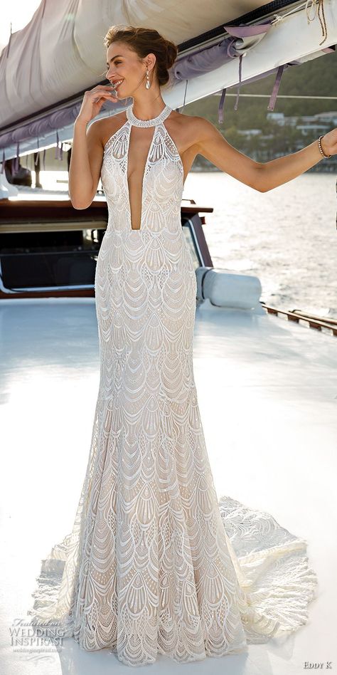 eddy k 2018 bridal sleeveless halter jewel neck full embellishment elegant sexy fit and flare wedding dress open strap back chapel train (19) mv -- Eddy K. Dreams 2019 Wedding Dresses Halter Illusion Wedding Dress, Halter Low Back Wedding Dress, Halter Neck Wedding Dress Open Backs, Halter Neck Wedding Dress, Short Wedding Gowns, Fit And Flare Wedding Dress, Wedding Dress Shoes, Beautiful Wedding Gowns, Wedding Gowns Lace