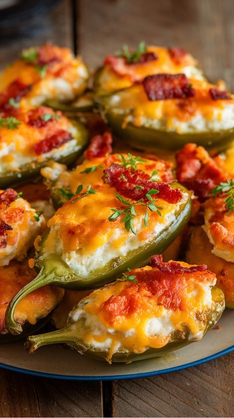 Stuffed jalapeños topped with melted cheese and crispy bacon. Jalapeno Cornbread Poppers, Jalapeno Bacon Wrapped, Poppers Jalapeno, Jalapeños Poppers, Jalapeño Poppers Recipe, Jalapeno Popper Appetizer, Baked Jalapeno Poppers, Easy Food Dishes, Cream Cheese Jalapeno Poppers