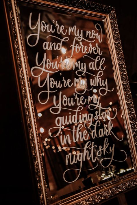 wedding mirror with calligraphy Night Time Wedding Ideas, Witchy Wedding Decor, Night Court Wedding, Witchy Wedding Ideas, Saloon Wedding, Otter Wedding, Night Wedding Ideas, Mystic Wedding, Starry Night Wedding Theme