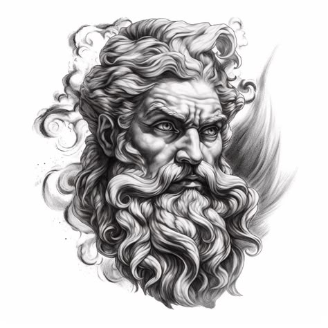 Zuse Tattoos, Zuse God Tattoo Designs, Greek Gods Tattoo Design, Zeus Drawing Tattoo, Zeus Tattoo Design Greek Gods, Zeus Realistic Tattoo, Greek Statue Tattoo Drawing, Zeus Drawing, Poseidon Tattoo Design