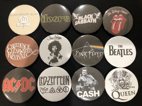 Calling all Classic Rock Lovers! Order these totally rockin' pins today! Includes 12 Classic Rock Bands in the set Sizes available are 2.28 inches or 1.5 inches Perfect for Classic Rock lovers! - - As always, thank you for supporting our small business! Button Pins Ideas, Button Pins Aesthetic, Pin Button Design, Band Pins, Badge Maker, Heavy Metal Art, Classic Rock Bands, Backpack Pins, Bag Pins