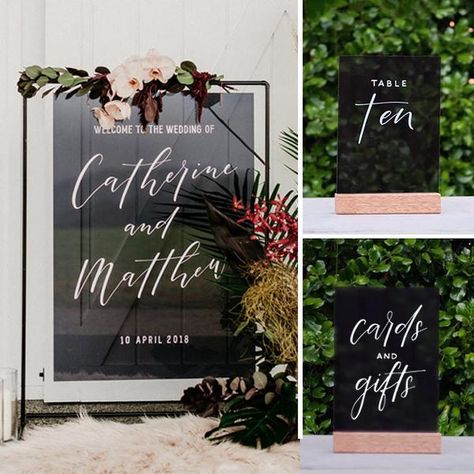 Tinted black acrylic wedding welcome sign package with table numbers and cards & gifts. Black Acrylic Table Numbers, Welcoming Board, Black Acrylic Sign, Black Welcome Sign, Acrylic Wedding Welcome Sign, Acrylic Welcome Sign, Wedding Ambiance, Acrylic Table Number, Wedding Poster