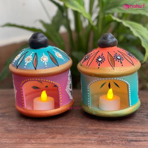 Clay Diya Decoration Ideas Creative, Hanging Diyas Home Decor, Diya Designs Painting, Diya Paintings, Painted Diya, Hanging Diya, Diya Designs, Diya Decoration Ideas, Elegant Character