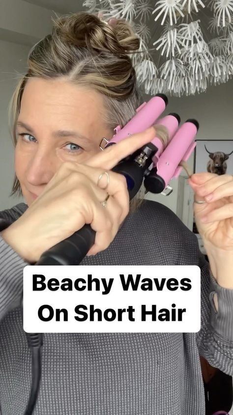 Quick change for my day 3 hair! This curling iron makes beachy waves so easy!! I’m super impressed!! If you want softer waves just release… | Instagram Crimp Short Hair Bobs, Chin Length Beach Waves, Hair Waver Styles Short, Beach Waves On Bob Hair, How To Do Soft Waves On Short Hair, Waves On Bob Hairstyle, Curling Iron For Short Hair Bobs, Beachy Curls Short Hair, Bob Crimped Hair