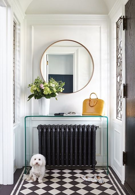 foyer, entry, black radiator, lucite console table, white walls, checkerboard floor Checkered Floor, Glass Waterfall, Checkerboard Floor, Marble Shelf, Black Radiators, Foyer Decorating, Beautiful Cabinet, Entryway Decor, White Walls