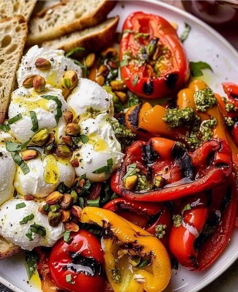 ITALY | Grilled Bell Peppers with Burrata | Facebook Grilled Peppers With Burrata, Grilled Marinated Peppers With Burrata, Grilled Bell Peppers, Arugula Pasta, Spring Pasta, Grilled Food, Mini Sweet Peppers, Grilled Peppers, Grill Party