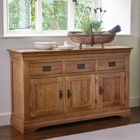 French Farmhouse Rustic Solid Oak Large Sideboard Farmhouse Range, Sideboard Farmhouse, Solid Oak Sideboard, Rustic Oak Furniture, Oak Furniture Land, French Sideboard, Painted Living Room Furniture, Wooden Vases, Hallway Furniture Storage