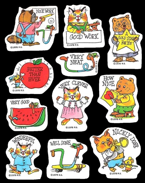 Richard Scary, Richard Scarry, 강아지 그림, Vintage Stickers, Childrens Illustrations, Children's Book Illustration, Forget Me Not, Gold Star, Sticker Collection