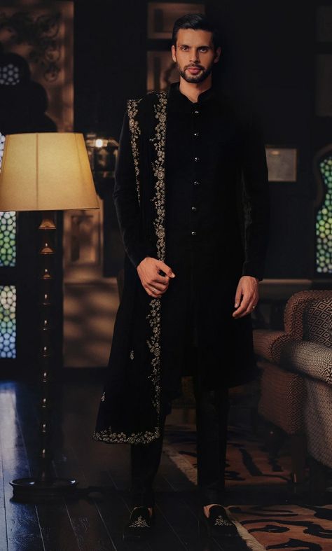 All Black Sherwani, Black Sherwani Groom Pakistani, Velvet Sherwani, Kurta Designs Men's, Black Sherwani, Boys Poses, Grooms Outfit, God Clothing, Indian Wedding Clothes For Men