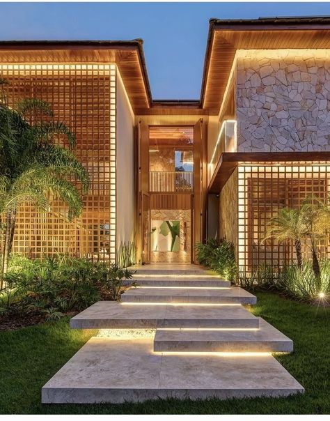 Tropical Exterior Design, Spa Design Exterior, Spa Exterior Design Architecture, Tropical Villa Exterior, Bali Inspired Home Exterior, Stone House Facade, Tropical House Exterior, Tropical Arch, Entrance Gates Design