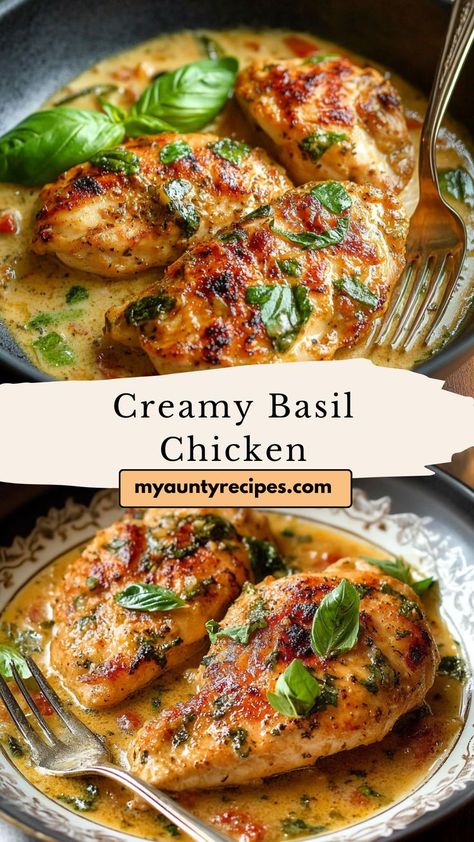 Elevate your fall recipes with creamy basil chicken. Featuring fresh basil and a luscious cream sauce, this dish pairs beautifully with rice, pasta, or veggies for a comforting dinner. Quick, flavorful, and easy to make, it’s perfect for cozy nights in. Creamy Basil Chicken Skillet, Basil Cream Chicken, Upscale Chicken Dishes, Chicken Recipes With Basil, Quick Fancy Dinner, Easy But Fancy Dinners, Elegant Chicken Recipes Dinner Parties, Chicken And Basil Recipes, Fancy Recipes Dinner