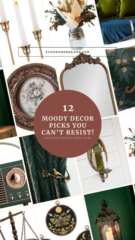 Redefine your home with luxurious dark and moody interior finds from Amazon. Let brass mirrors take center stage, injecting sophistication into your decor. Explore a curated collection that balances elegance and mystery, with dark green living room accents and vintage frames weaving tales of the past. Moody Living Room Diy, Moody Eclectic Gallery Wall, Moody Cottage Home Decor, Dark Green Walls Curtain Ideas, Dark Moody Decor Diy, Dark Academia Mantel, Moody Living Room Green Walls, Dark Green Maximalist Bedroom, Dark Botanical Old World Aesthetic