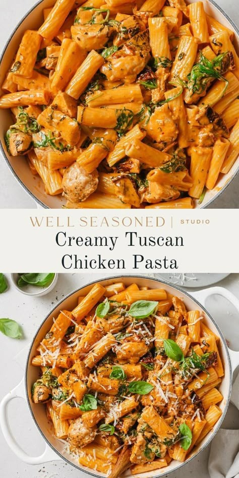 Creamy Tuscan Chicken Pasta with Sun Dried Tomatoes Creamy Tuscan Chicken Pasta, Resep Makanan Beku, Tuscan Pasta, Creamy Tuscan Chicken, Chicken Pasta Dishes, Cooking Spinach, Tuscan Chicken Pasta, Resep Pasta, Easy Pasta Dinner